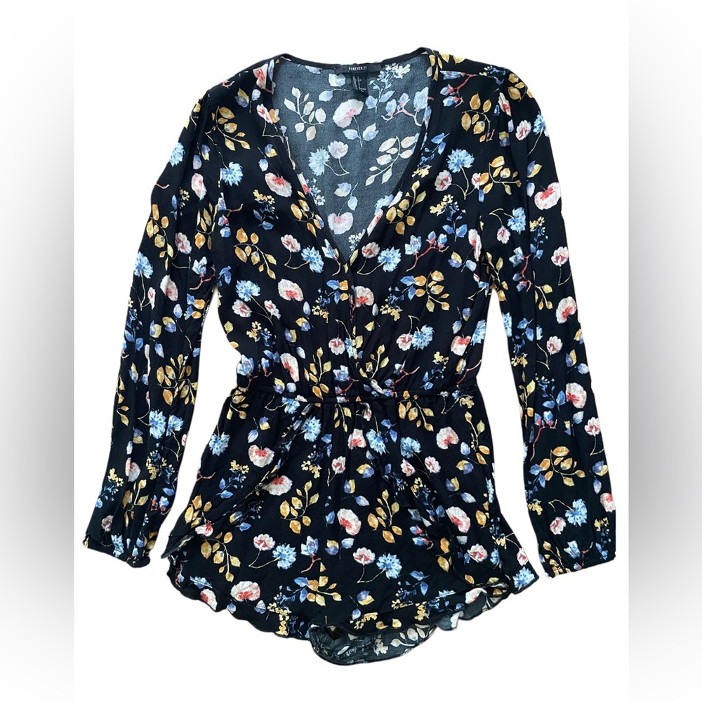 Forever 21 Floral Romper Black Blue Orange - Long Sleeve and Shorts Size Small